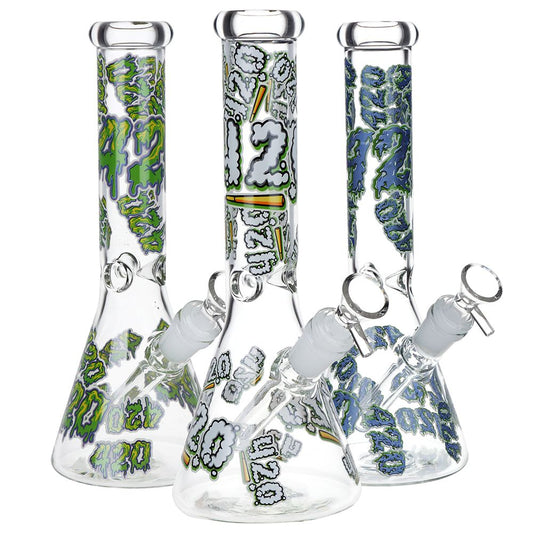 420 Clouds Glow In The Dark Beaker Glass Water Pipe - 10" / 14mm F / Colors Vary
